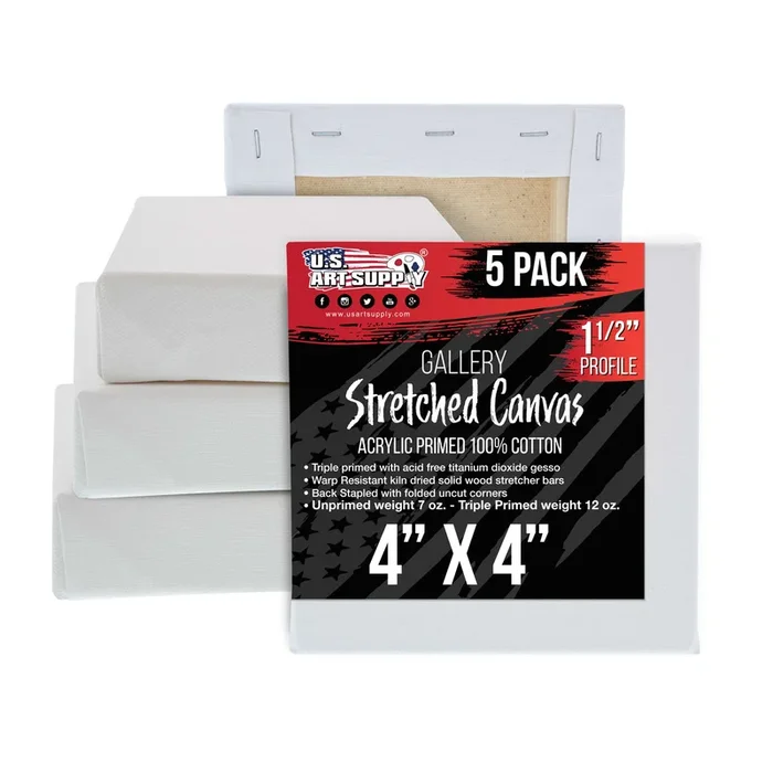 5-Pack Bulk Stretched Canvas for Painting 4 x 4 inch, Gallery Depth 1-1/2″ Profile – 12oz Acrylic Gesso Triple Primed, Professional Artist Quality, 100% Cotton – Oil, Pouring Paint