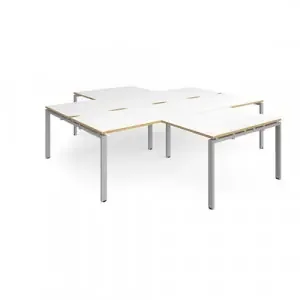 Adapt back to back 4 desk cluster 2800mm x 1600mm with 800mm return desks – silver frame, white top with oak edge