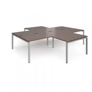 Adapt back to back 4 desk cluster 3200mm x 1600mm with 800mm return desks – silver frame, walnut top