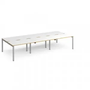 Adapt triple back to back desks 3600mm x 1600mm – silver frame, white top with oak edging