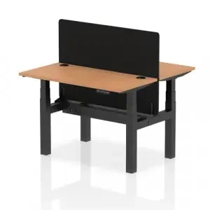 Air Back-to-Back 1200 x 600mm Height Adjustable 2 Person Office Bench Desk Oak Top with Cable Ports Black Frame with Black Straight Screen