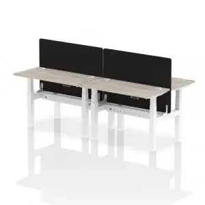 Air Back-to-Back 1200 x 600mm Height Adjustable 4 Person Office Bench Desk Grey Oak Top with Cable Ports White Frame with Black Straight Screen