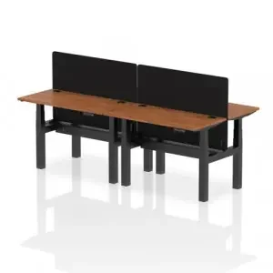 Air Back-to-Back 1200 x 600mm Height Adjustable 4 Person Office Bench Desk Walnut Top with Cable Ports Black Frame with Black Straight Screen