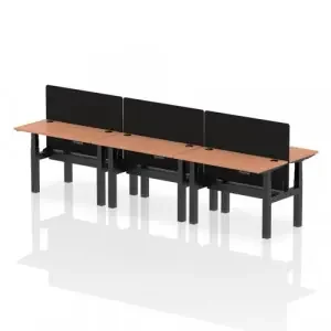 Air Back-to-Back 1200 x 600mm Height Adjustable 6 Person Office Bench Desk Beech Top with Cable Ports Black Frame with Black Straight Screen