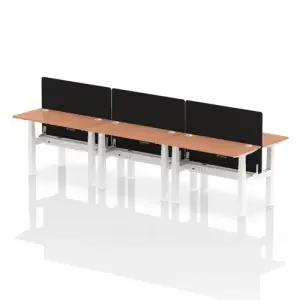 Air Back-to-Back 1200 x 600mm Height Adjustable 6 Person Office Bench Desk Beech Top with Cable Ports White Frame with Black Straight Screen