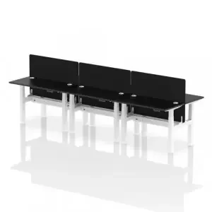 Air Back-to-Back 1200 x 600mm Height Adjustable 6 Person Office Bench Desk Black Top with Cable Ports White Frame with Black Straight Screen