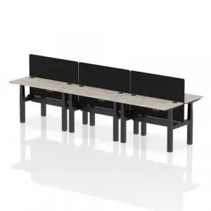 Air Back-to-Back 1200 x 600mm Height Adjustable 6 Person Office Bench Desk Grey Oak Top with Cable Ports Black Frame with Black Straight Screen