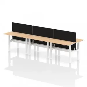 Air Back-to-Back 1200 x 600mm Height Adjustable 6 Person Office Bench Desk Maple Top with Cable Ports White Frame with Black Straight Screen