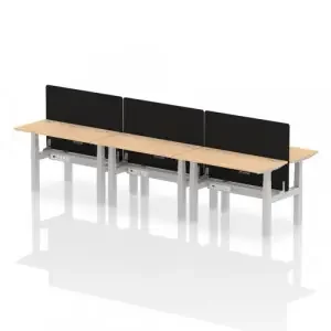 Air Back-to-Back 1200 x 600mm Height Adjustable 6 Person Office Bench Desk Maple Top with Cable Ports Silver Frame with Black Straight Screen