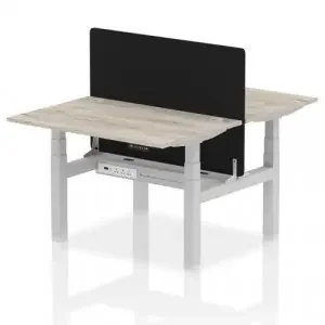 Air Back-to-Back 1200 x 800mm Height Adjustable 2 Person Office Bench Desk Grey Oak Top with Cable Ports Silver Frame with Black Straight Screen