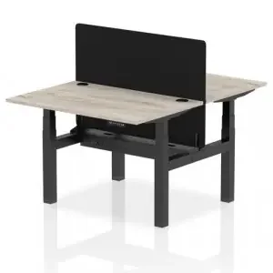 Air Back-to-Back 1200 x 800mm Height Adjustable 2 Person Office Bench Desk Grey Oak Top with Cable Ports Black Frame with Black Straight Screen