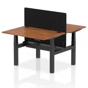 Air Back-to-Back 1200 x 800mm Height Adjustable 2 Person Office Bench Desk Walnut Top with Cable Ports Black Frame with Black Straight Screen