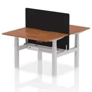 Air Back-to-Back 1200 x 800mm Height Adjustable 2 Person Office Bench Desk Walnut Top with Scalloped Edge Silver Frame with Black Straight Screen