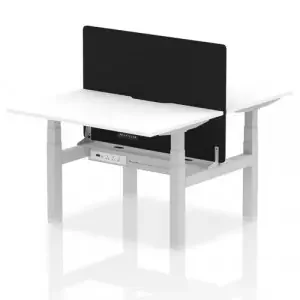 Air Back-to-Back 1200 x 800mm Height Adjustable 2 Person Office Bench Desk White Top with Scalloped Edge Silver Frame with Black Straight Screen