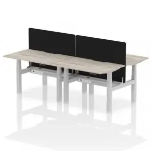 Air Back-to-Back 1200 x 800mm Height Adjustable 4 Person Office Bench Desk Grey Oak Top with Scalloped Edge Silver Frame with Black Straight Screen