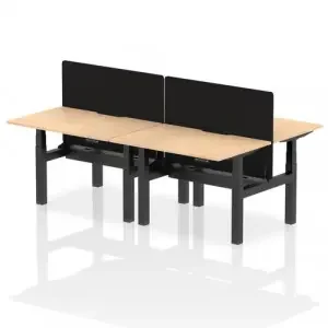Air Back-to-Back 1200 x 800mm Height Adjustable 4 Person Office Bench Desk Maple Top with Scalloped Edge Black Frame with Black Straight Screen