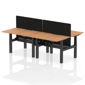 Air Back-to-Back 1200 x 800mm Height Adjustable 4 Person Office Bench Desk Oak Top with Scalloped Edge Black Frame with Black Straight Screen