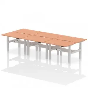 Air Back-to-Back 1200 x 800mm Height Adjustable 6 Person Office Bench Desk Beech Top with Scalloped Edge Silver Frame