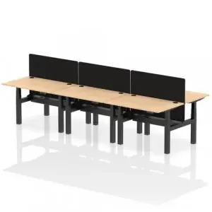 Air Back-to-Back 1200 x 800mm Height Adjustable 6 Person Office Bench Desk Maple Top with Cable Ports Black Frame with Black Straight Screen