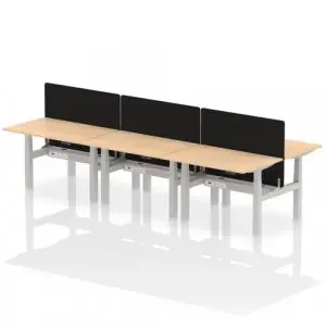 Air Back-to-Back 1200 x 800mm Height Adjustable 6 Person Office Bench Desk Maple Top with Cable Ports Silver Frame with Black Straight Screen