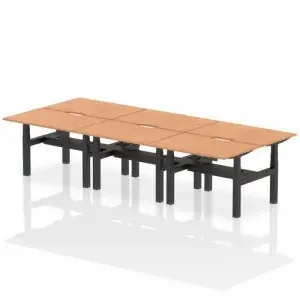 Air Back-to-Back 1200 x 800mm Height Adjustable 6 Person Office Bench Desk Oak Top with Scalloped Edge Black Frame