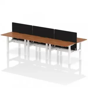 Air Back-to-Back 1200 x 800mm Height Adjustable 6 Person Office Bench Desk Walnut Top with Scalloped Edge White Frame with Black Straight Screen