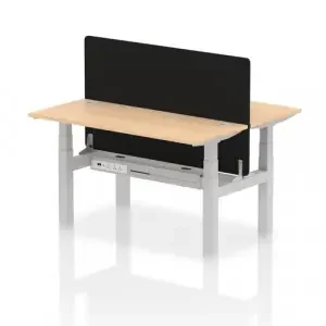 Air Back-to-Back 1400 x 600mm Height Adjustable 2 Person Office Bench Desk Maple Top with Cable Ports Silver Frame with Black Straight Screen