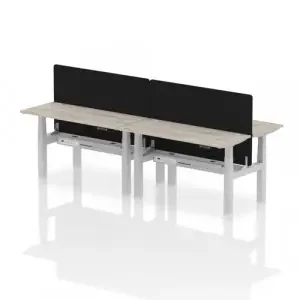 Air Back-to-Back 1400 x 600mm Height Adjustable 4 Person Office Bench Desk Grey Oak Top with Cable Ports Silver Frame with Black Straight Screen