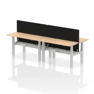 Air Back-to-Back 1400 x 600mm Height Adjustable 4 Person Office Bench Desk Maple Top with Cable Ports Silver Frame with Black Straight Screen