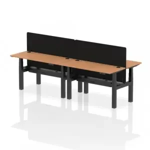 Air Back-to-Back 1400 x 600mm Height Adjustable 4 Person Office Bench Desk Oak Top with Cable Ports Black Frame with Black Straight Screen