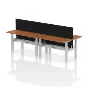 Air Back-to-Back 1400 x 600mm Height Adjustable 4 Person Office Bench Desk Walnut Top with Cable Ports Silver Frame with Black Straight Screen