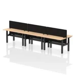 Air Back-to-Back 1400 x 600mm Height Adjustable 6 Person Office Bench Desk Maple Top with Cable Ports Black Frame with Black Straight Screen