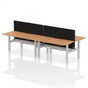 Air Back-to-Back 1600 x 800mm Height Adjustable 4 Person Office Bench Desk Oak Top with Scalloped Edge Silver Frame with Black Straight Screen