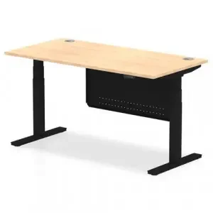 Air Modesty 1600 x 800mm Height Adjustable Office Desk Maple Top Cable Ports Black Leg With Black Steel Modesty Panel
