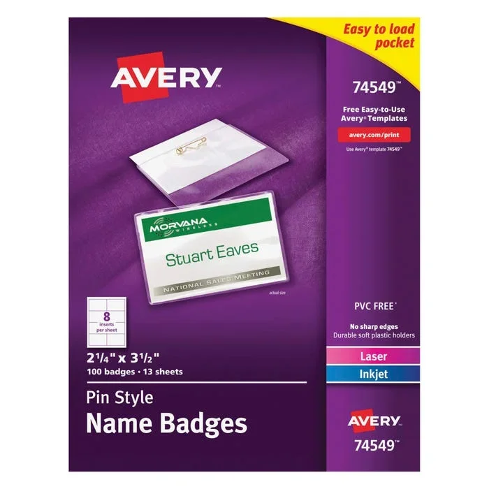 Aver Name Badge Holder Kit for Laser or Inkjet Printers, 2-1/4 x 3-1/2 Inches, Pack of 100