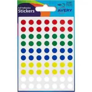 Avery Coloured Label Round 8mm Diameter Assorted Colours (Pack 10 x 560 Labels) 32-291