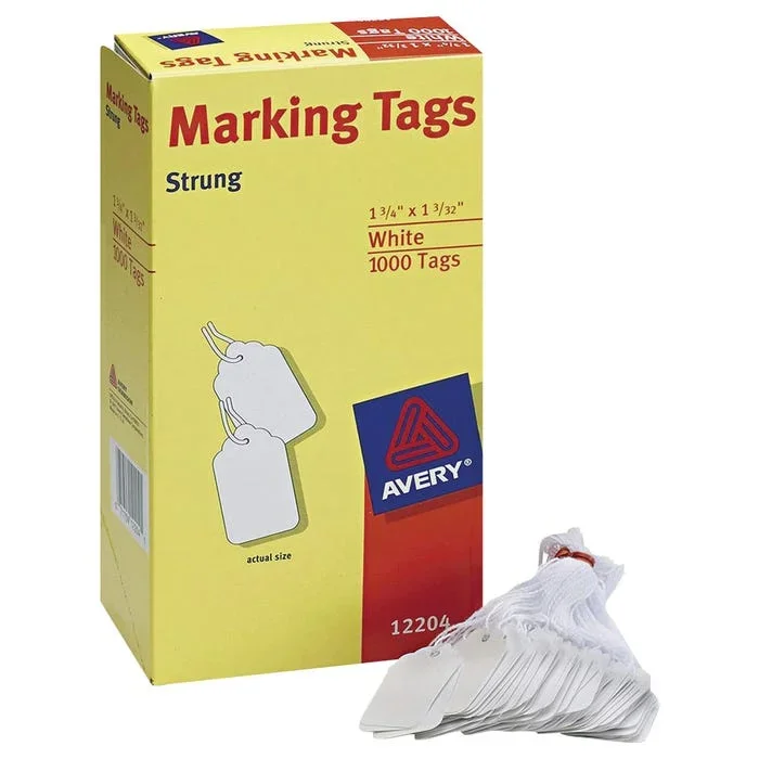 Avery Cotton Polyester Smooth Surface Strung Marking Tag with String, 1-3/4 X 1-3/32 Inches, White, Pack of 1000