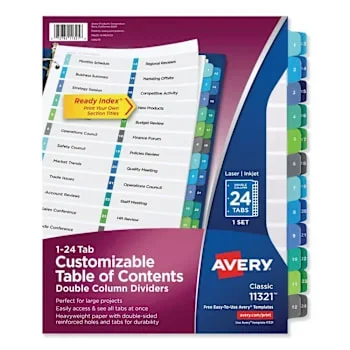 Avery Customizable Toc Ready Index Double Column Multicolor 24-Tab Package Of 24
