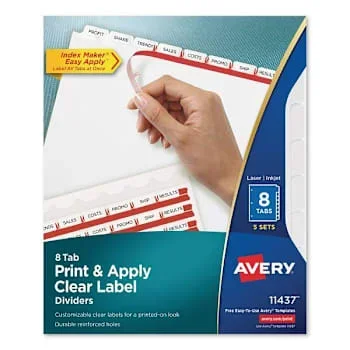 Avery Print Index Maker Label Dividers 8-Tab 11×8.5 White Package Of 5