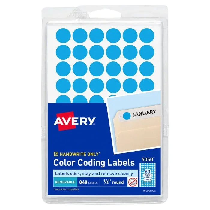 Avery Printable Color Coding Labels, 1/2 Inch Diameter, Light Blue, Pack of 840