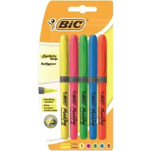 Bic Grip Highlighter Pen Chisel Tip 1.6-3.3mm Line Assorted Colours (Pack 5) – 824758