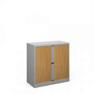 Bisley systems storage low tambour cupboard 1000mm high – silver with beech doors