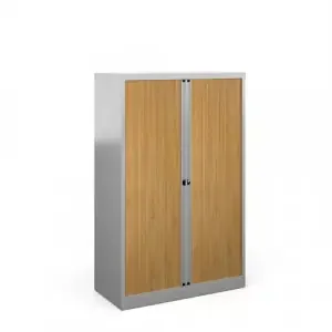 Bisley systems storage medium tambour cupboard 1570mm high – silver with beech doors