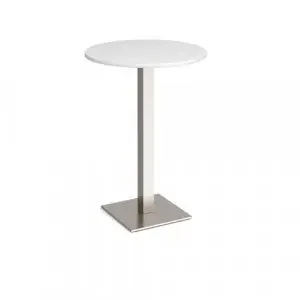 Brescia circular poseur table with flat square brushed steel base 800mm – white