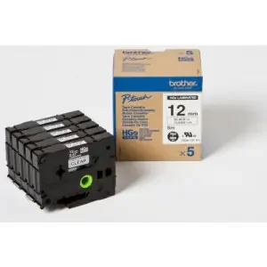 Brother HGe-131V5 (12mm x 8m) Labelling Tape (Black On Clear) Pack of 5