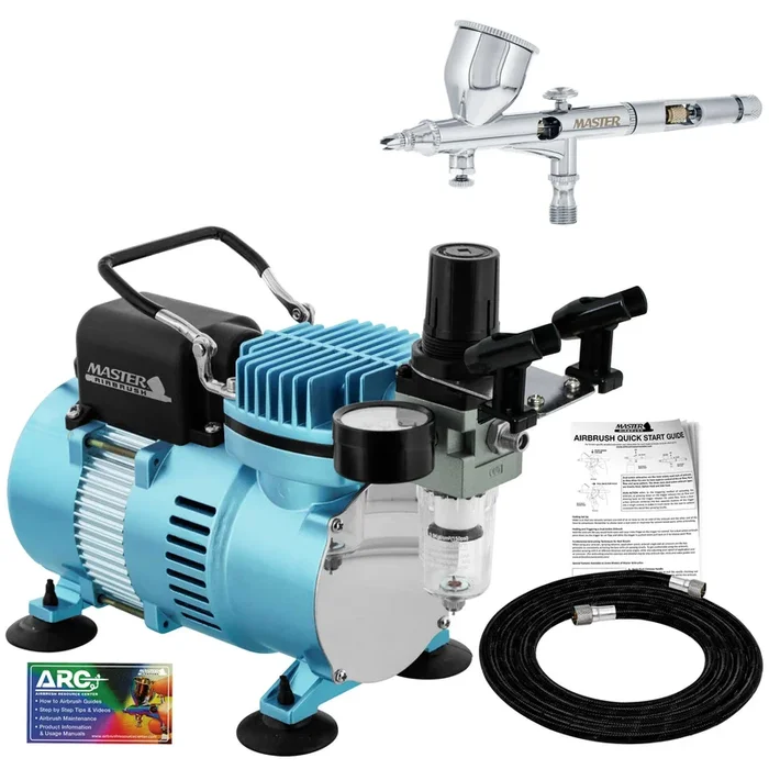 Cool Runner II Dual Fan Air Compressor System with a Fine Detail Control Gravity Feed Dual-Action Airbrush Set with 0.2mm Tip – Hose, How-To Guide