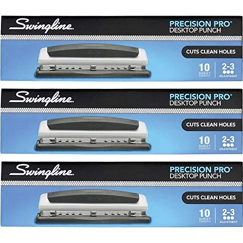 Desktop Hole Punch, Hole Puncher, Precision Pro, Adjustable, 2-3 Holes, 10 Sheet Punch Capacity, Black/Silver (74037)
