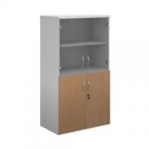 Duo combination unit with glass upper doors 1440mm high with 3 shelves – white with beech lower doors