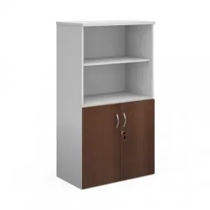 Duo combination unit with open top 1440mm high with 3 shelves – white with walnut lower doors
