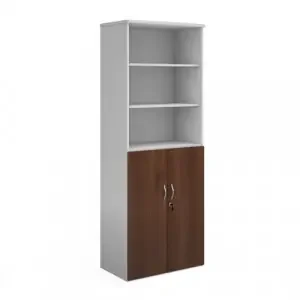 Duo combination unit with open top 2140mm high with 5 shelves – white with walnut lower doors